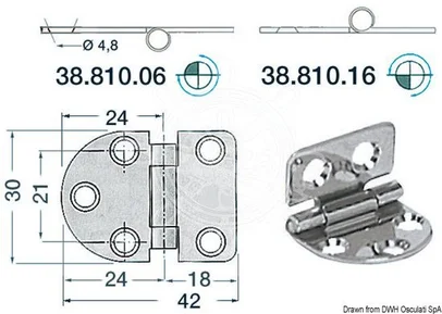 šarnir od sjajnog inoxa 2 mm - 42x30 mm, izbočeni zglob