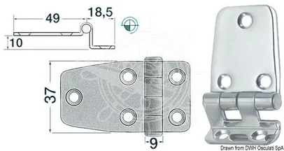 šarnir od sjajnog inoxa sa izbočenjem 2 mm - 67,5x37 mm