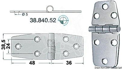 šarnir od sjajnog inoxa 2 mm - 88x38 mm, izbočeni zglob