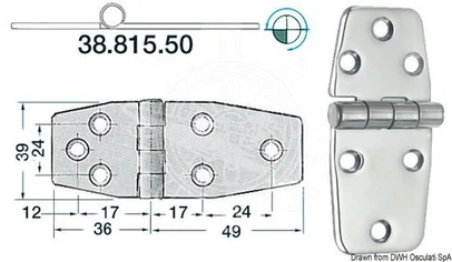 šarnir od sjajnog inoxa 2 mm - 85x39 mm, izbočeni zglob