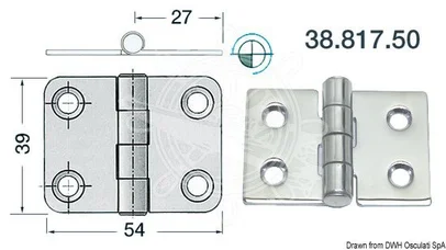 šarnir od sjajnog inoxa 2 mm - 54x39 mm, izbočeni zglob