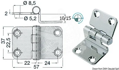 šarnir od sjajnog inoxa sa izbočenjem 2 mm - 57x37x15 mm