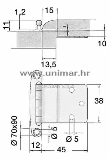 šarnir od inoxa za vratašca - izdignut za 10 mm, 57x44 mm