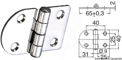 šarnir od sjajnog inoxa 2 mm - 65x40 mm, standardni, izbočeni zglob