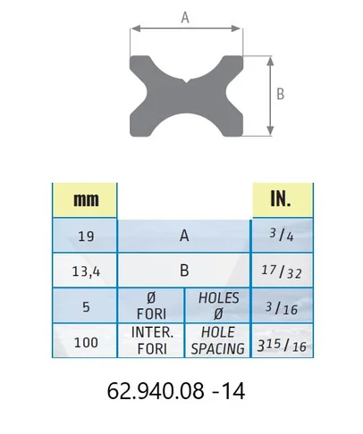 šina na ''X'' - 19x13,4 mm, tvrda legura + PTFE (komad 2 m)